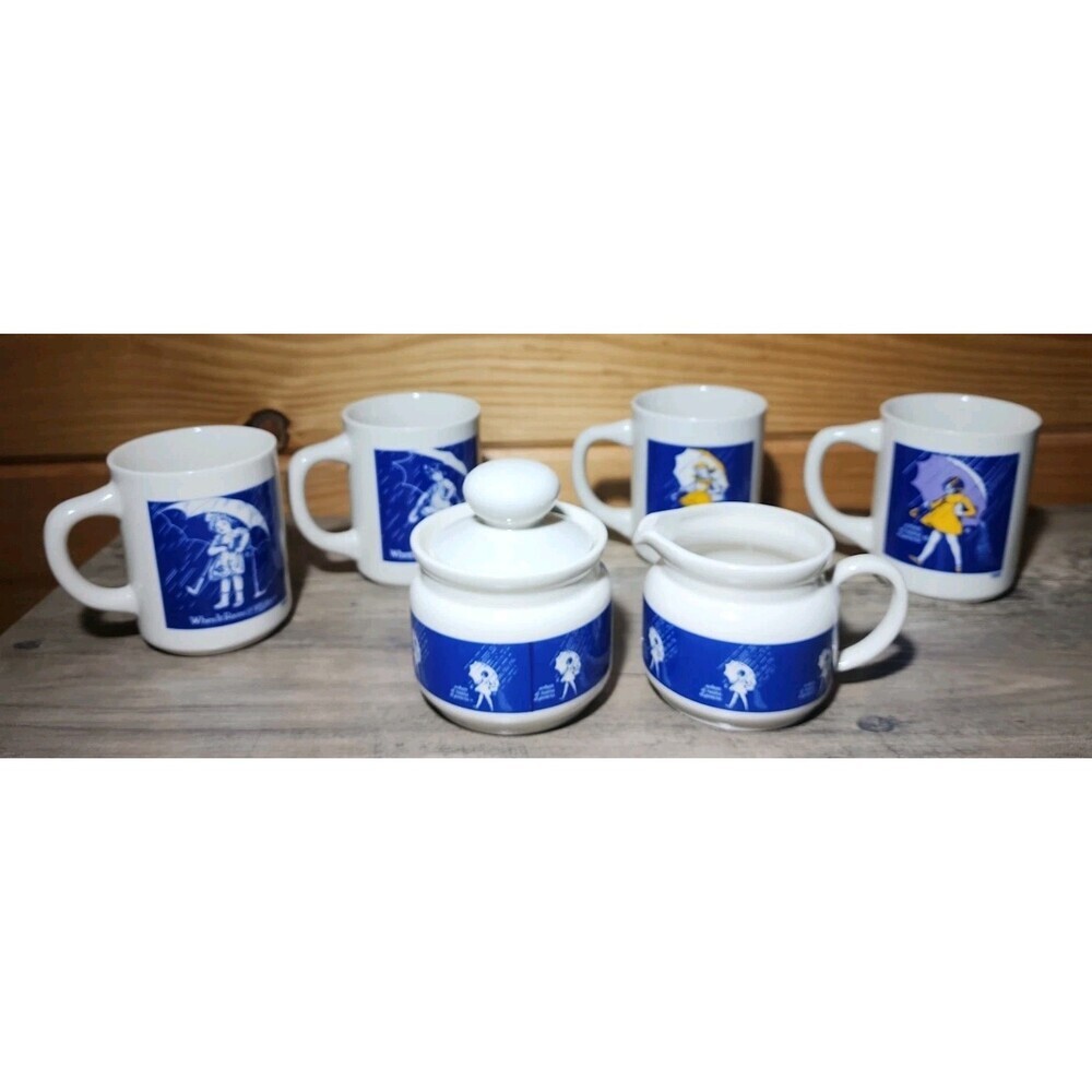Vintage Mail Order Morton Salt Set 7 Lot Umbrella Girl 4 Mugs, Creamer, Sugar - Picture 1 of 11